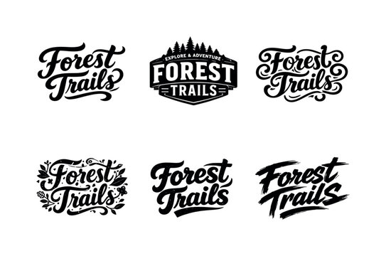 Harmonious Lettering Variations. Forest trails. Set lettering. harmonious lettering variations of the same emblematic concept, each with different artistic