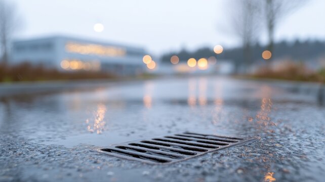 Flachdachbildung auf einem Dach in Deutschland mit spiegelndem stehendem Wasser und verstopftem Abfluss verdeutlicht Entw&auml;sserungsprobleme.