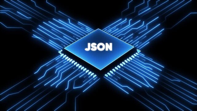 J S O N data format technology concept with glowing blue circuit board and microchip json