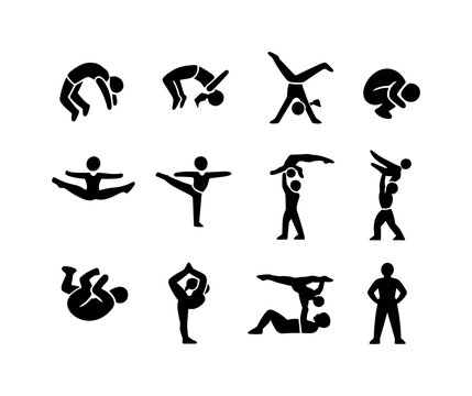 Acrobatics skills. Solid icon set of acrobatics skills: backflip, front flip, cartwheel, somersault, handstand, aerial split jump, balance