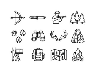 Forest hunters. Line icon set of Forest hunters: bow and arrow, hunting knife, hunter silhouette, forest trees, animal tracks, binoculars,