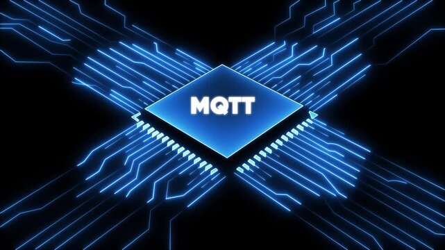 M Q T protocol chip microchip with glowing blue circuits on black background for technology and computing concepts