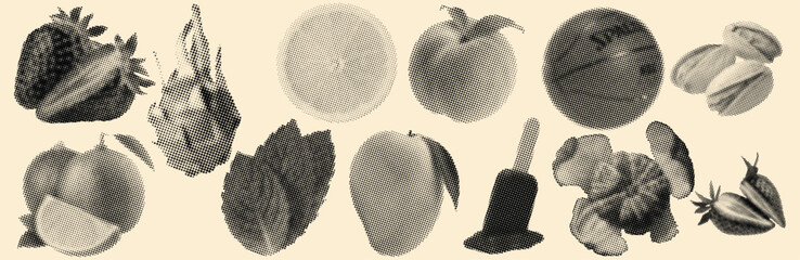 Haftoon Surreal Fantasy Abstract Collage Illustration with Summer Fruits, Strawberries, Dragon Fruits, Lemons, Peaches, Watermelons, Macarons, Limes, Oranges, Mangoes, Popsicles, Bananas, and Creative