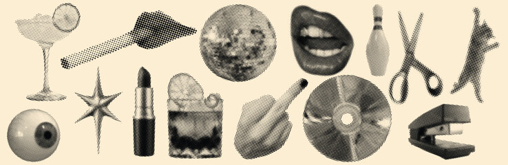 Haftoon Surreal Fantasy Abstract Collage Illustration with Cocktail Glasses, Dollar Bills, Disco Balls, Lips, Cats, Stars, Eyeballs, Lipsticks, CDs, Scissors, Bowling Pins, and Creative Artistic Symbo