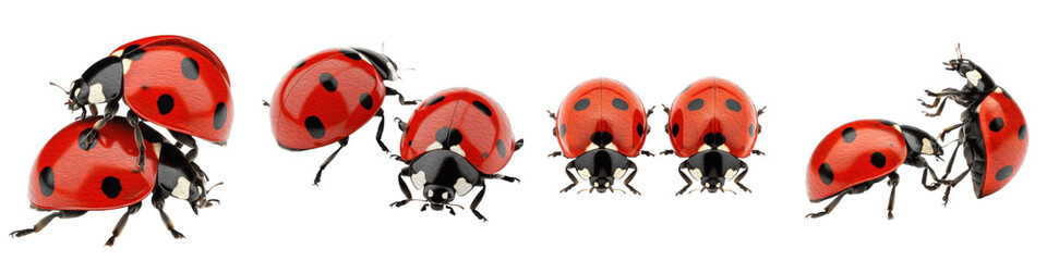 Set of realistic red ladybugs with black spots in various positions and angles isolated on white background © Army