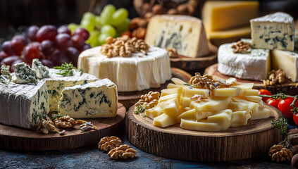 Fototapeta premium A delicious cheese platter with assorted cheeses, grapes, nuts, and cherry tomatoes showcasing a rustic presentation.