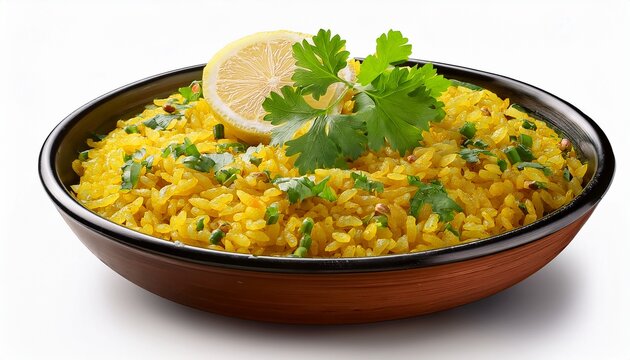Kanda Poha Maharashtrian Style Served Hot With Lemon Slice And Coriander Garnish Hyper Realistic Isolated