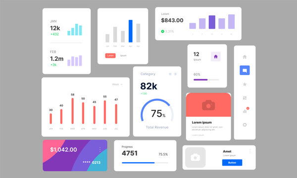 Modern Dashboard UI Kit 12 Data Visualization Widgets with Bar Charts, Progress Gauges and Financial Metrics for Analytics Design