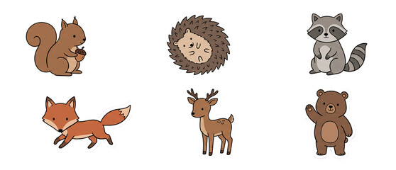 Fototapeta premium Minimal doodle woodland critters sticker Set.