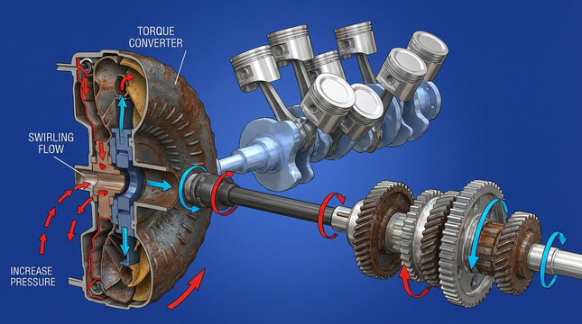 Detailed illustration of an automatic transmission torque converter and engine crankshaft gears