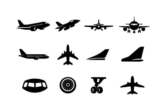 Airplane. Solid icon set of airplane: passenger airplane, jet aircraft, propeller plane, airplane front view, airplane side view, airplane