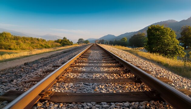 Close Up Of Railroad Tracks On Gravel On A Sunny Morning