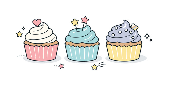Cupcakes pastel. A trio of pastel-colored cupcakes arranged neatly in a row with soft shadows and gentle decorations. The mood is sweet,