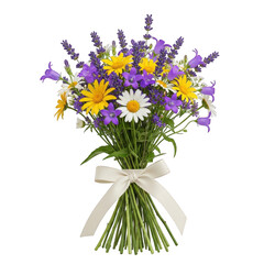 Fototapeta premium Beautiful bouquet of lavender, daisies, and yellow flowers isolated on transparent background