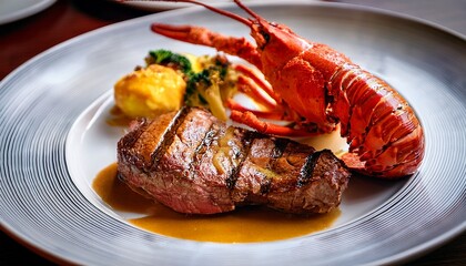 Surf And Turf Dish With Grilled Steak And Buttered Lobster Tail Served On A Fine Dining Plate High Detail