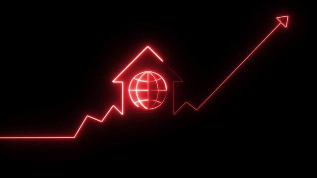 4k,Neon line home icon. Neon line Cool linear animated home icon. House icon house sign neon lights animation with up arrow earth globe icon. Neon House, home building animation. 