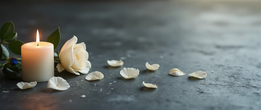 White candle with white rose and scattered petals on grey stone, panoramic copy space, elegant memorial background for funeral services web banner.

