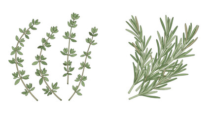 Fototapeta premium Bunches of fresh green thyme and rosemary herbs, isolated on a white background for culinary, cooking, and health-related designs.
