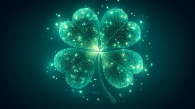 Glowing digital art of a four leaf clover with a futuristic tech inspired design