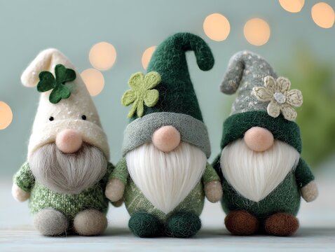 Three festive gnomes with shamrocks and floral details stand together