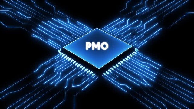 Blue P M O Microchip Circuit Board Animation Technology Background with Glowing Neon Lines