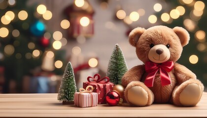 Cute Teddy Bear With Toys On Tabletop Decorated For Christmas And For A Holiday Toy Drive Christmas Charity