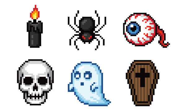 Pixel Art Horror Icons Set - Skull Ghost Spider and Creepy Items