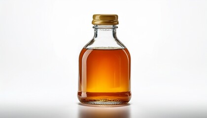 Glass Bottle Filled With Amber Liquid On White Background