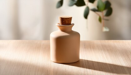 Minimalist Beige Ceramic Bottle With Wooden Cork Stopper