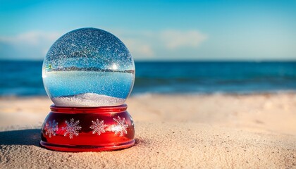 Christmas Snow Globe Blue And Red Ornament On The Beach