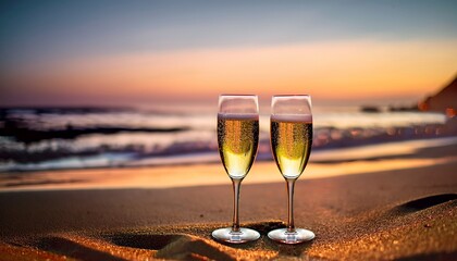 Two Glasses Of Champagne On The Beach