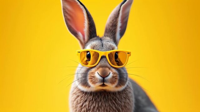 Easter rabbit with yellow sunglasses on yellow background