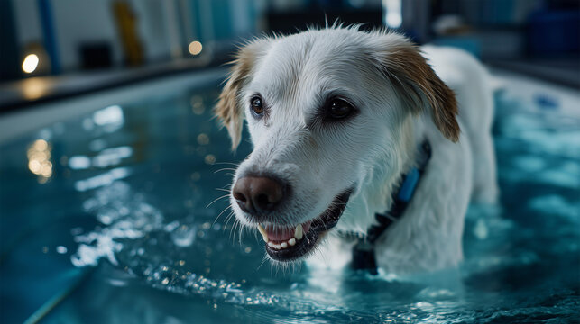 Happy dog walking on underwater treadmill, defocused during hydrotherapy rehabilitation session, canine physical therapy, pet recovery, aquatic treatment, with copy space