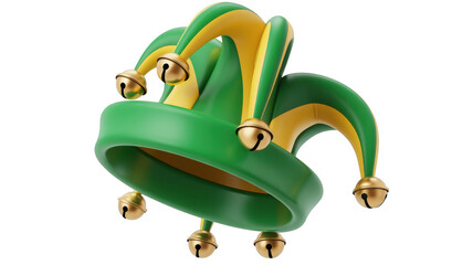 Fototapeta premium Green and gold jester hat with bells isolated on a transparent background