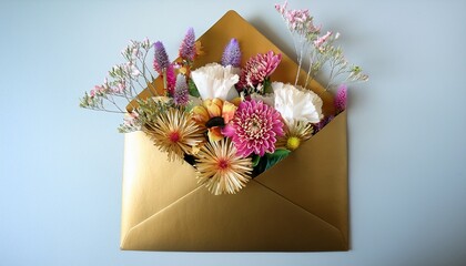 Flower Bouquet With Gold Accents Arranged In An Envelope Displaying Vibrant Colors And Fine Details