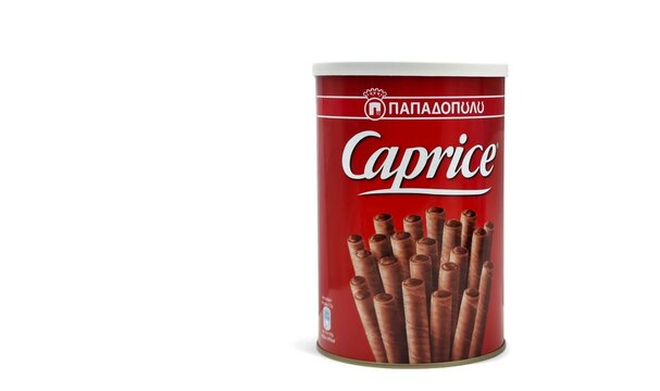 Photo of a tin of Papadopoulou Caprice chocolate and hazelnut wafer rolls (pourakia). Papadopoulou is the largest and most historic biscuit manufacturer in Greece.