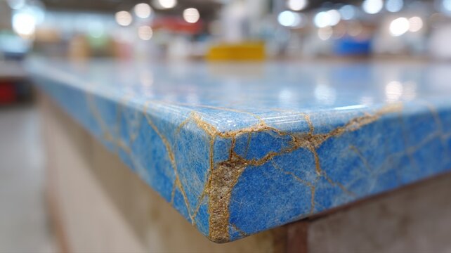 Hellblaue Epoxid-Arbeitsplatte mit Oberfl&auml;chenabl&ouml;sung und kleinem Riss in professioneller Umgebung