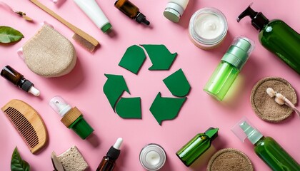 A Flat Lay Of Beauty Products Surrounding A Green Recycling Symbol On A Pink Background Promoting Sustainability