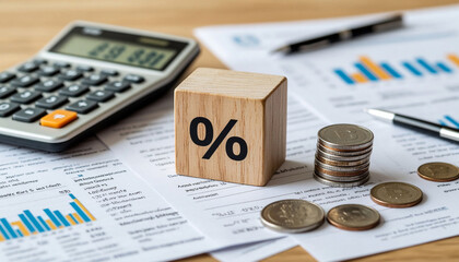 Stack of coins and wooden cube with percent sign. Business concept.
