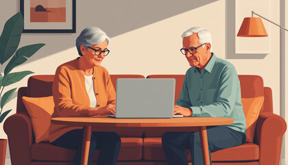 Elderly couple using laptop at home. Vector illustration in retro style