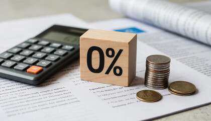 Wooden cube with percent sign and coins, calculator and account book on table
