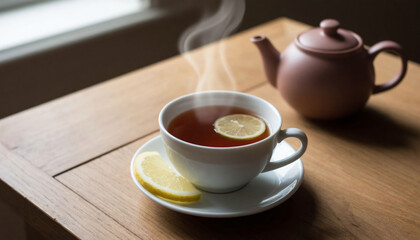 Cup of tea with lemon and teapot on wooden table