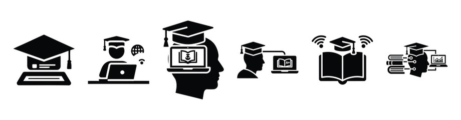 set of minimalist online academic e icons. E-learning silhouette vector icon set in black color and white background