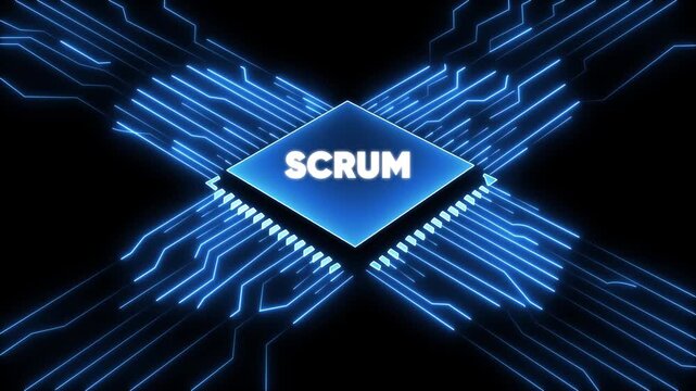 Scrum framework concept with glowing blue circuit board and microchip background for agile project management and software development