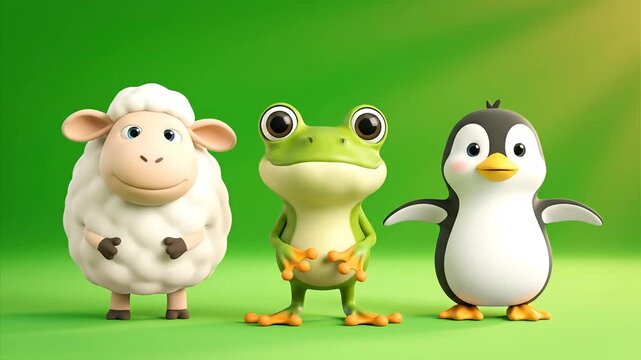 Cartoon animals sheep frog penguin standing together on green background