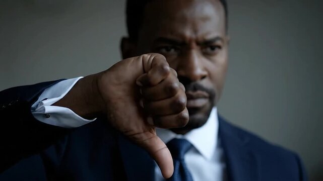 Serious businessman gesturing indoors with professional attire and facial expression