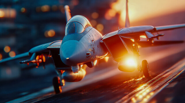 Military fighter jet launching from aircraft carrier runway with bright afterburner at golden sunset, dynamic cinematic action scene