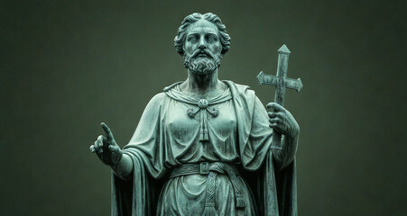 Ancient Stone Statue of Saint Holding Cross, Religious Symbolism, Historical Artifact, Church Decoration