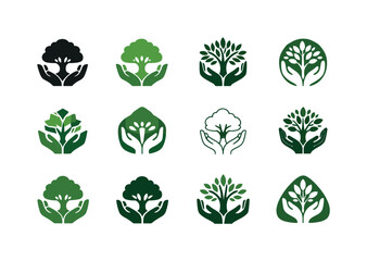 Obraz premium Environment. Icon set. Set Logo of environment: growing tree. harmonious logo variations of the same emblematic concept, each with different