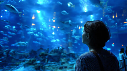 Naklejka premium Captivating underwater scene featuring faceless diver, defocused surrounded by vibrant fish, marine life beauty, underwater exploration thrill showcasing, with copy space